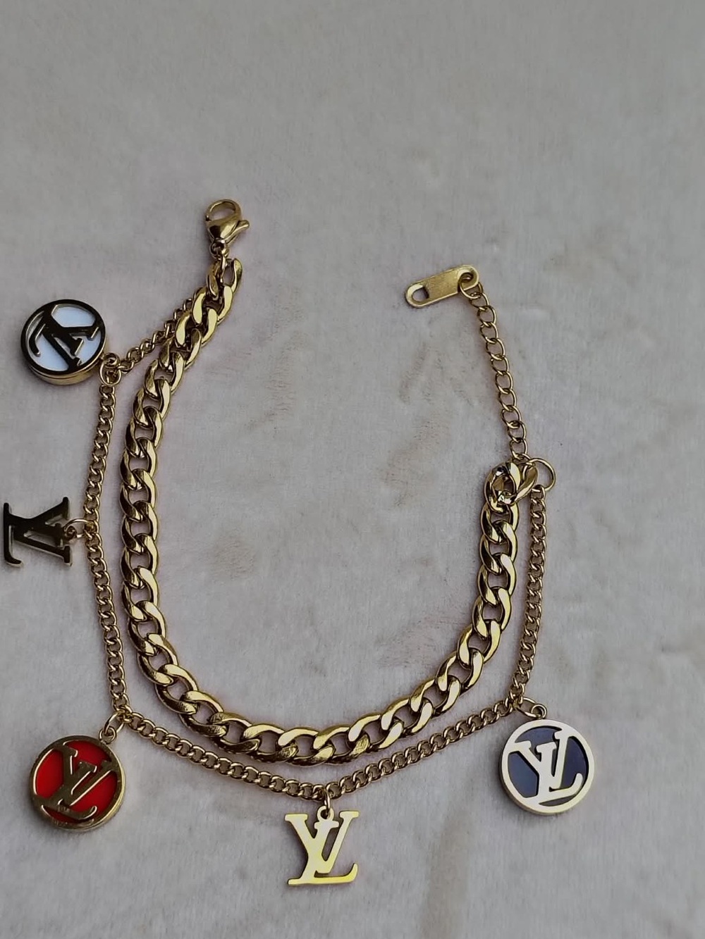 Gold-Tone Double Chain Charm Bracelet with Multicolor Enamel Discs